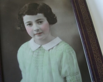 Vintage Framed Young Girl Portrait Photograph Hand Tinted Color Mint and Sepia