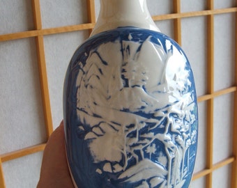 Vintage Ceramic Vase with blue and white mountain scene