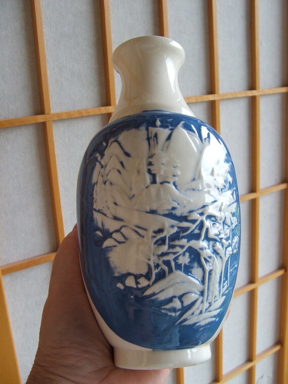 Vintage Ceramic Vase With Blue and White Mountain Scene Etsy