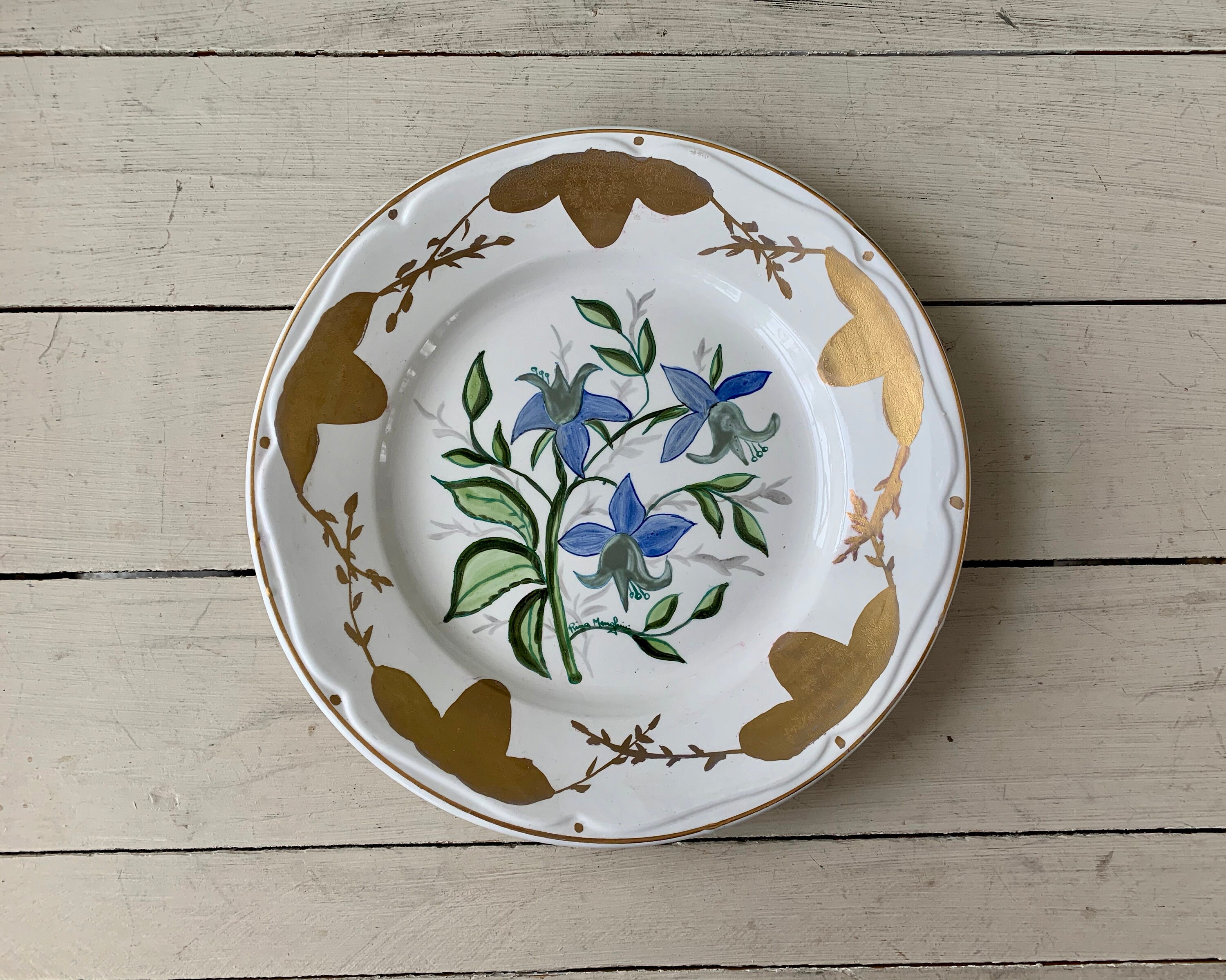 Decorato a Mano 1976 Blue Fuchsia Handpainted Plate Rina Menghini