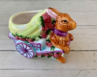 Easter Bunny with Egg Cart Ceramic Planter