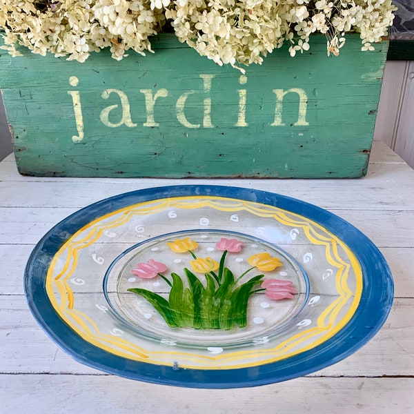 Vintage Tulips Reverse Painted Glass Plate