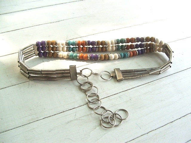 Vintage Metal Chain and Colored Wood Beads Belt Boho Hippie 