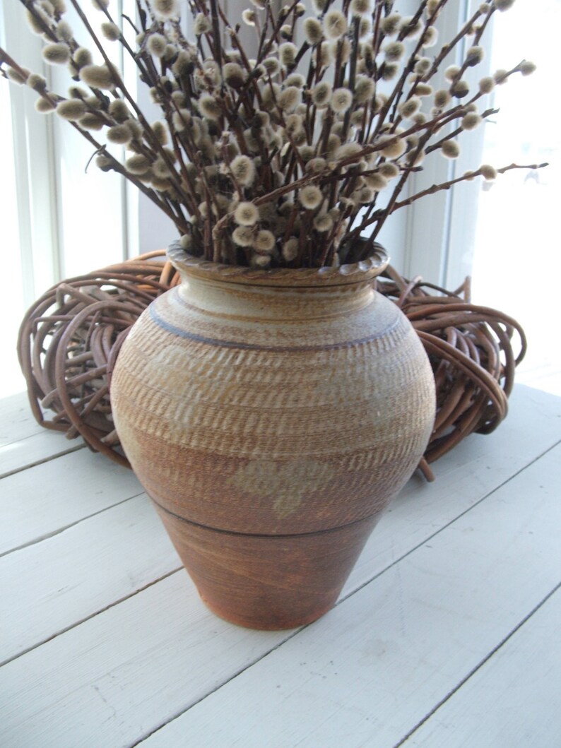 Handmade Vintage Art Pottery Vase Brown With Leaf Pattern Etsy