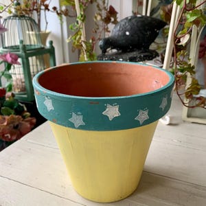 Vintage Painted Terra Cotta Clay Flower Pot ~ Yellow with White Stars on Turquoise