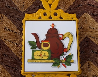 Vintage Teapot Trivet Cast Iron and Ceramic Tile