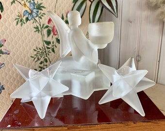 Vintage Satin Glass Angel and Moravian Stars Candleholders Taiwan