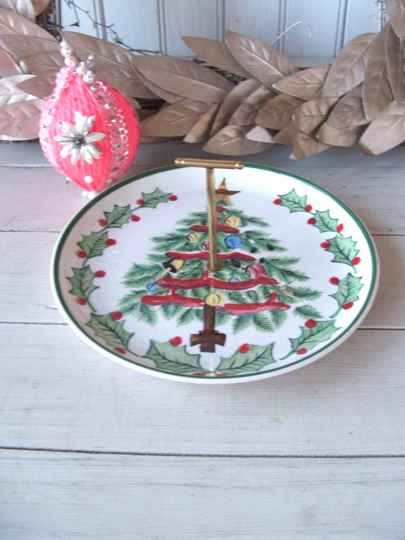 Mid Century Lefton Christmas Tree Serving Plate With Brass Etsy