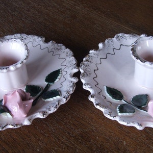 Pair of Pink Rose Porcelain Candleholders image 1