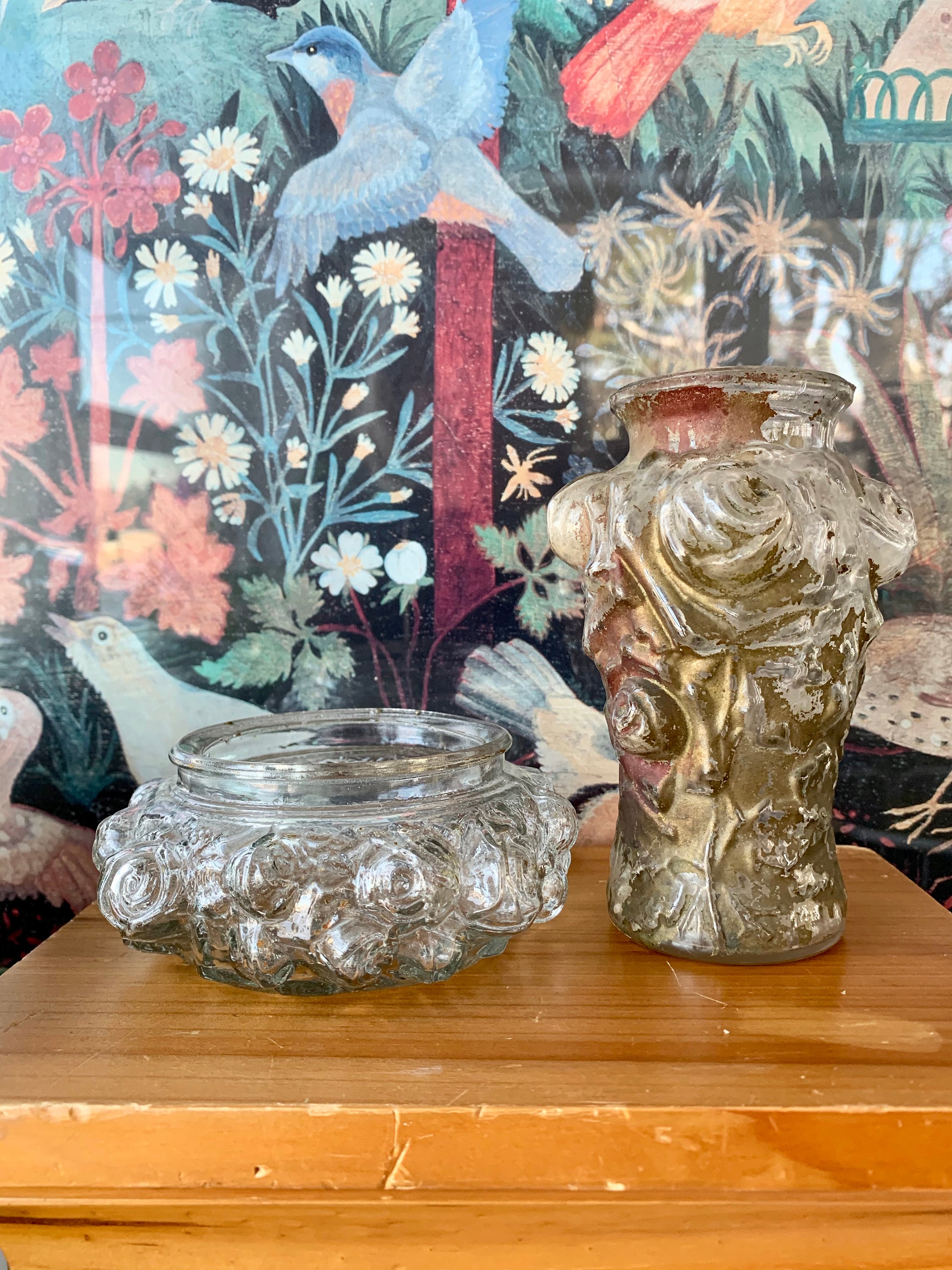 Goofus Glass Cabbage Rose Cosmetic Jars Vases