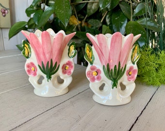 Pair of Vintage Pink Floral Ceramic Vases