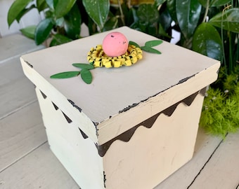 Vintage Painted Metal Box with Decorative Flower Lid