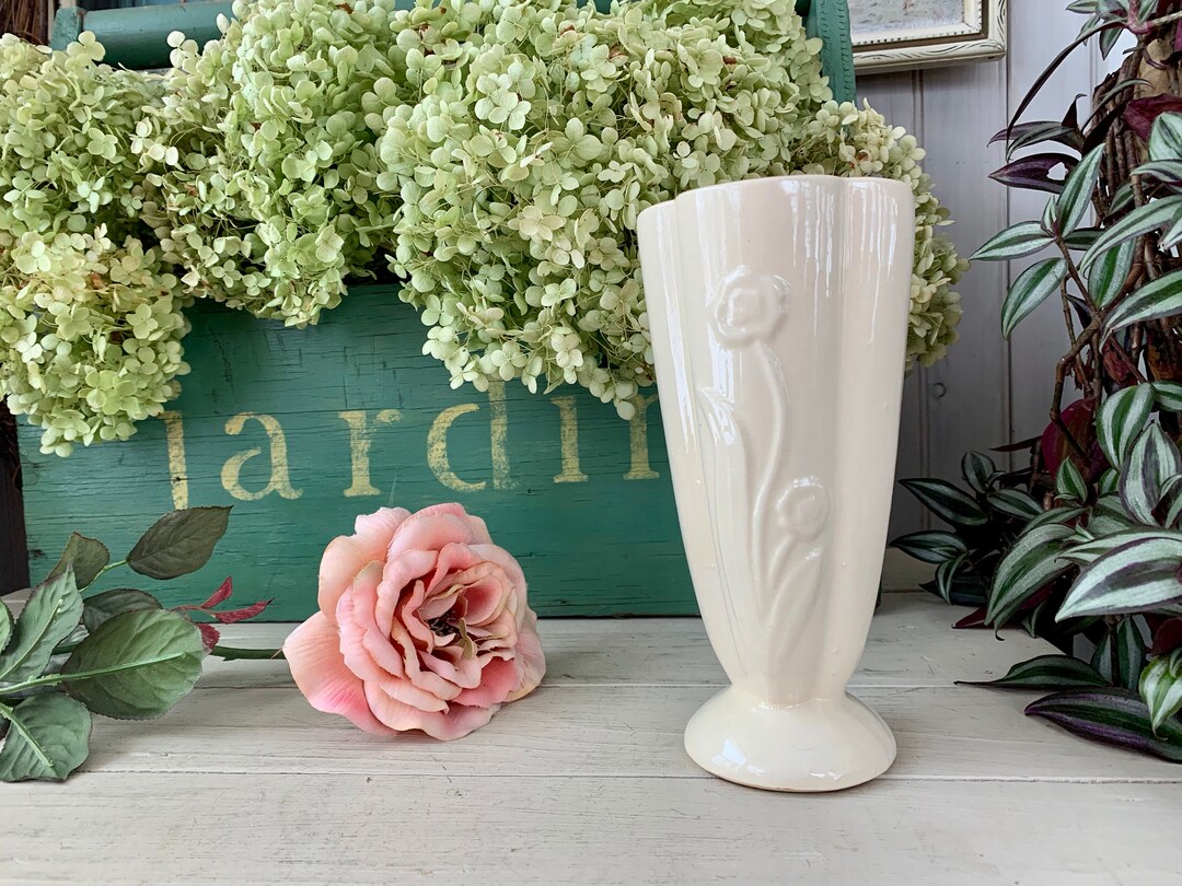 Vintage White Ceramic Vase With Flower Stems Motif Etsy