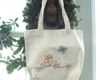 Vintage Canvas Tote Bag with owl and butterfly embroidery