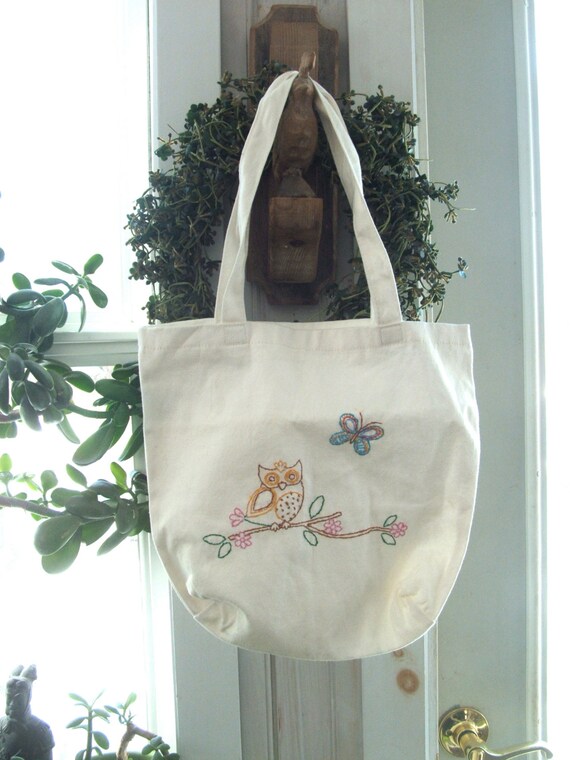 Vintage Canvas Tote Bag with owl and butterfly emb