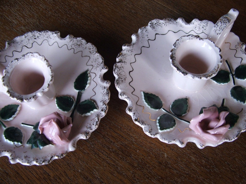 Pair of Pink Rose Porcelain Candleholders image 2