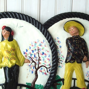 Pair Vintage Plaster Chalkware Ethnic Asian Woman & Man Wall Plaques