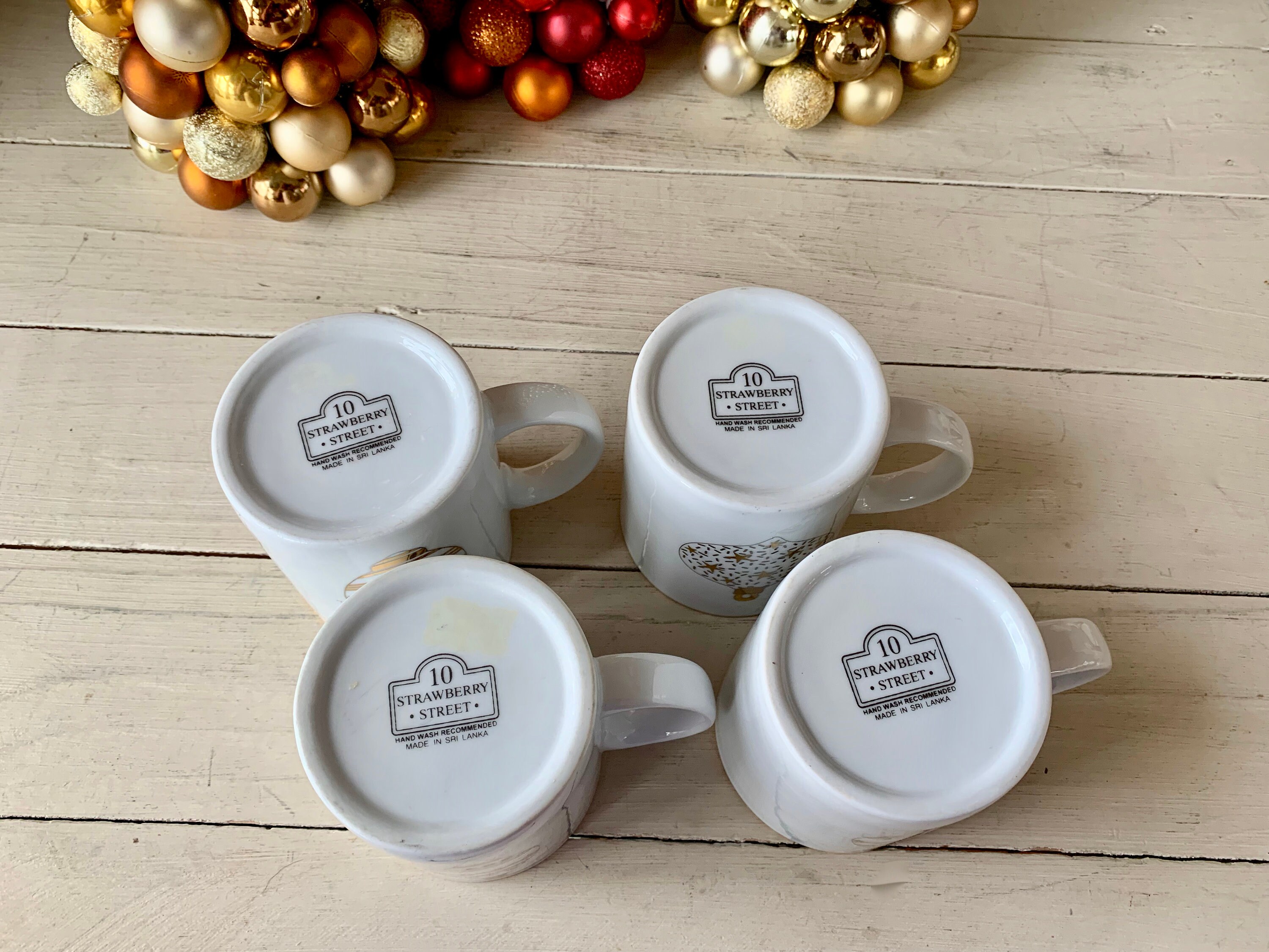 10 Strawberry Street Vintage Christmas Ornament Mugs Set of 4 Gold White Coffee  Cups - Etsy