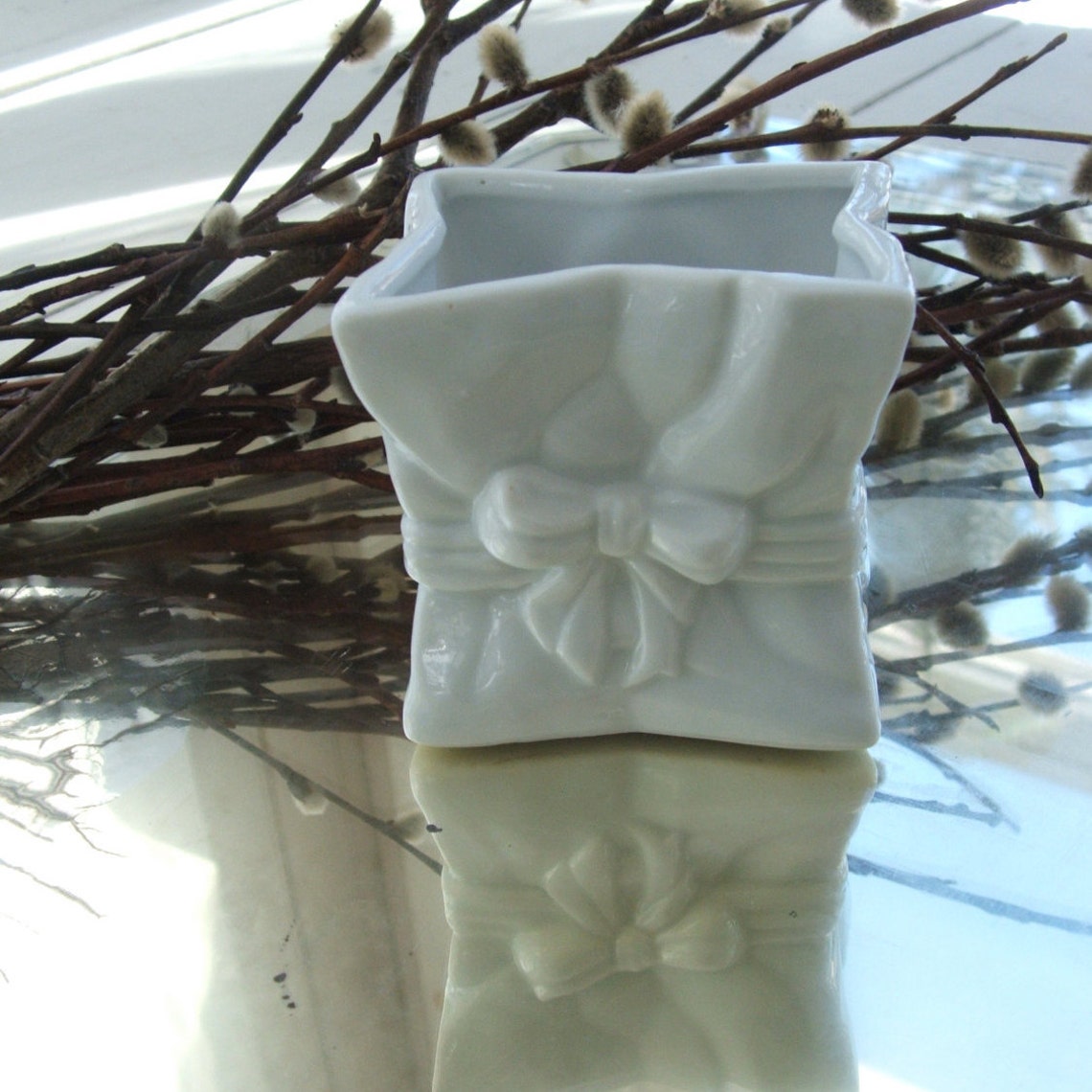 Vintage White Ceramic Vase Sack Cinched With Ribbon and Bow Etsy