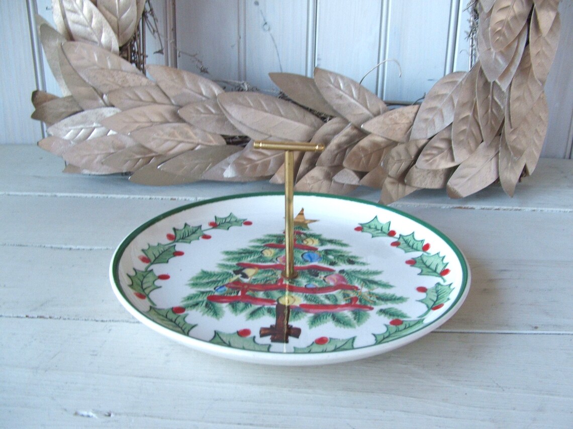 Mid Century Lefton Christmas Tree Serving Plate With Brass Etsy
