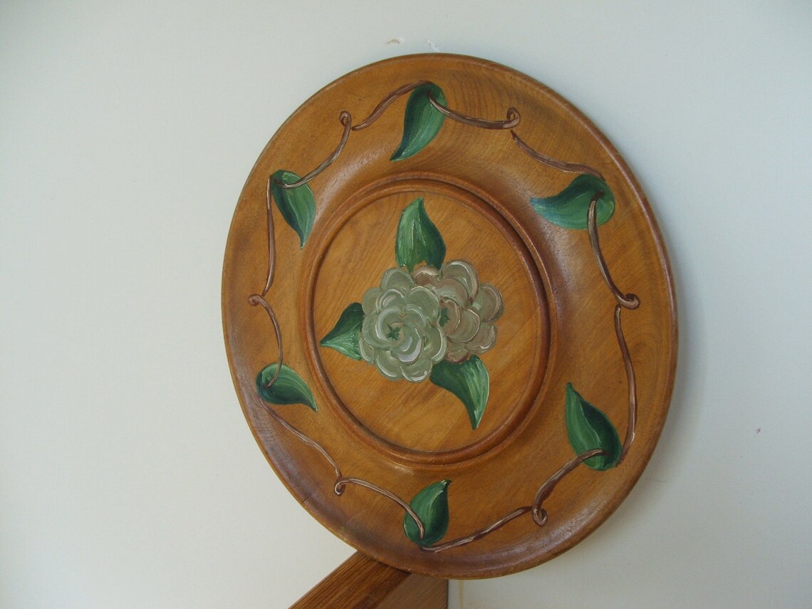 Large Decorative Vintage Painted Wood Platter Green White Etsy