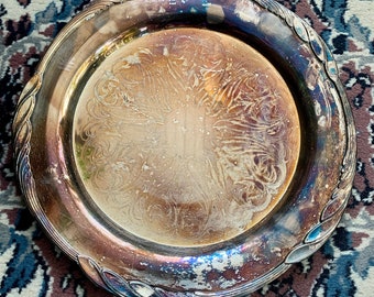Vintage Etched Silver Plated Round Tray