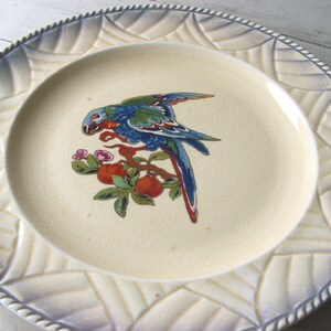 May include: A vintage ceramic plate with a blue and green parrot perched on a branch with red and yellow fruit. The plate has a white background and a decorative, raised, scalloped edge.