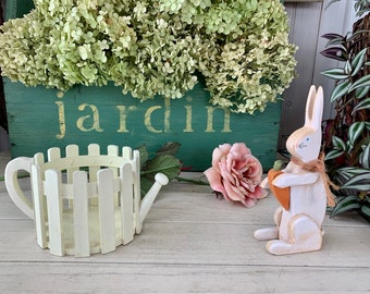 Vintage Midwest Importers Wooden Rabbit Figurine and Painted Wooden White Picket Fence Watering Can