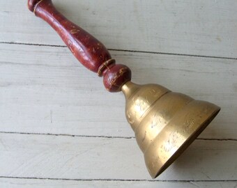 Etched Brass Hand Bell with wooden handle India Collectible Dinner or Teacher's Bell