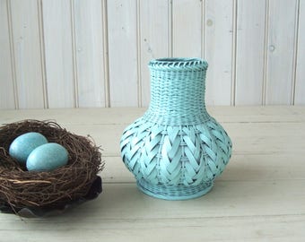 Vintage Blue Wicker Covered Glass Vase