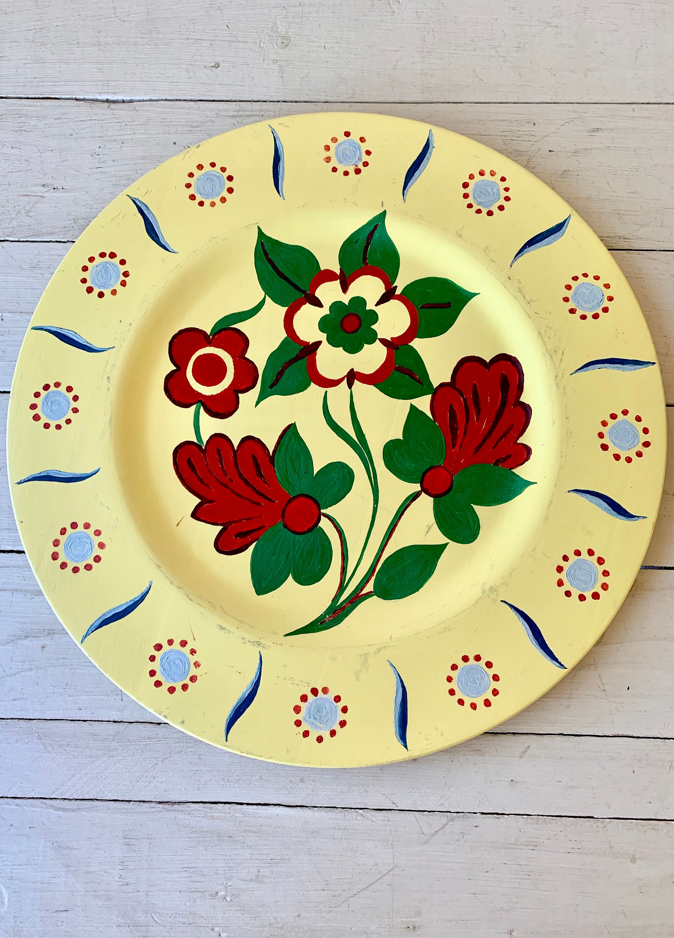 Large Decorative Vintage Painted Wooden Plate Etsy