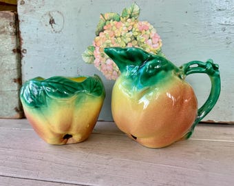 Vintage Peach Majolica Cream Pitcher  and Sugar Bowl