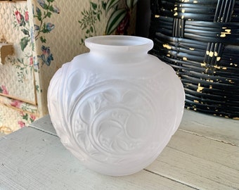 Vintage White Frosted Pressed Glass Vase with Leafy Vine and Berries Pattern