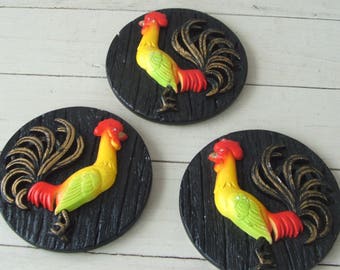 3 Vintage Plaster Chalk Ware Rooster Wall Hanging Plaques