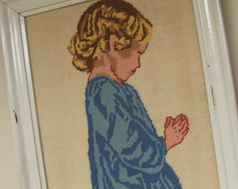 Vintage Framed Needlework Praying Child