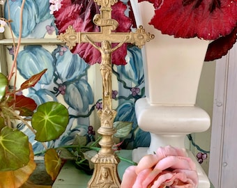 Antique Brass Altar Crucifix Holy Family Tripod Base