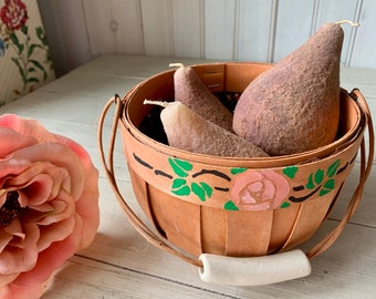 Vintage Fabric Lined Rose Stenciled Slat Basket and 3 Pear Candles