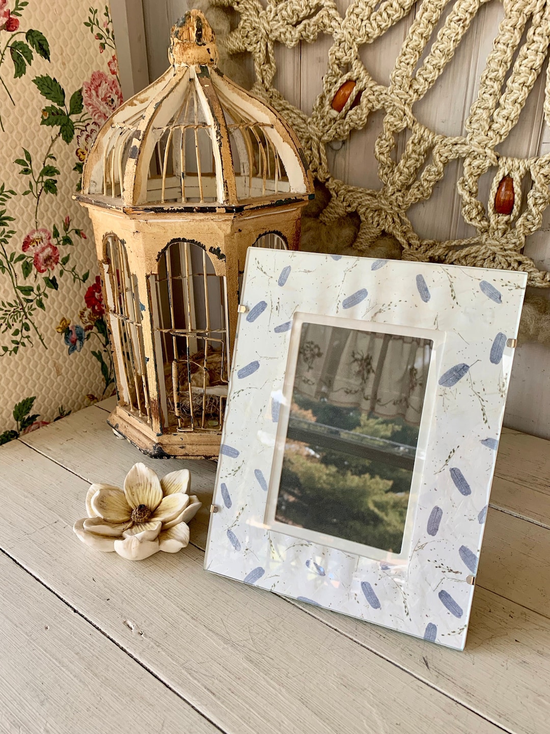 Vintage Leafy Blue and White Picture Frame Paper and Glass - Etsy
