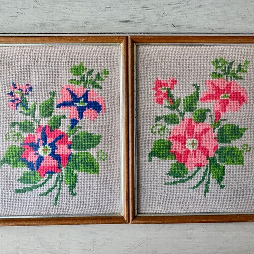 Pair of Vintage Needlepoint Framed Wall Art Grandmillennial Etsy