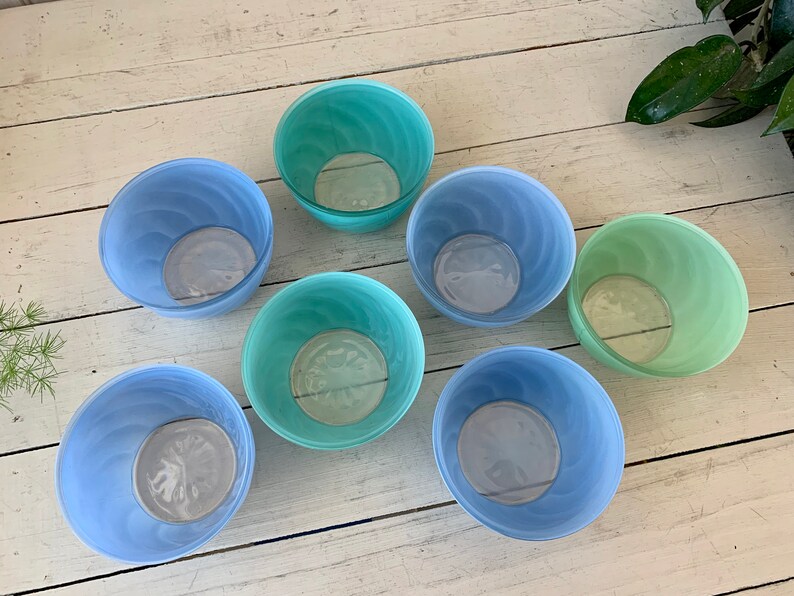 7 Frosted Glass Dessert Bowls Blue and Green image 4