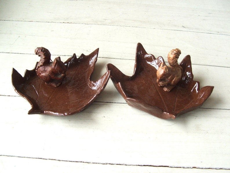 Pair of Vintage Handmade Pottery Brown Maple Leaves