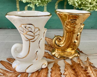 Pair of Vintage Ceramic Vases Gold and White Roses