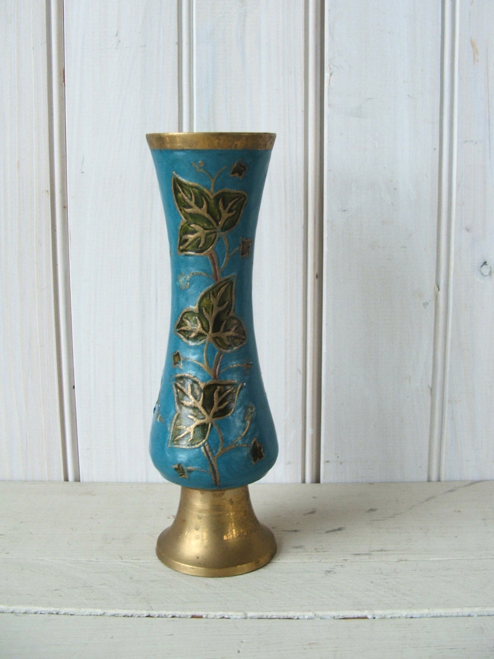 Vintage Enameled Brass Vase From India Ivy Leaves Etsy