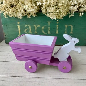 White Rabbit and Purple Cart Handmade Painted Wooden Easter Bunny Decor