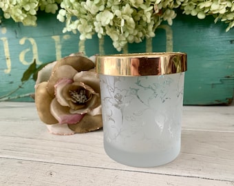 Vintage Frosted Glass Floral Vanity Jar with Decorative Gold Lid