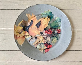 Vintage Hand Crafted Oriole Bird Reverse Decoupage Glass Plate