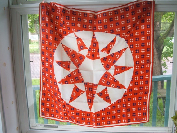 Vintage Vera Neumann Scarf Made in Japan Red White and Blue Moravian Star and Floral Pattern