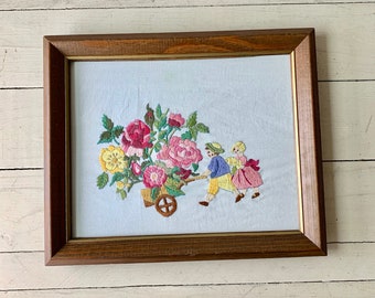 Vintage Flower Cart Framed Embroidered Picture