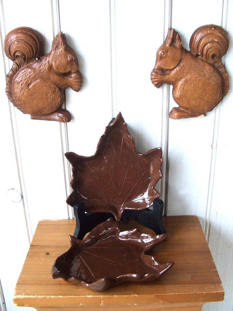 Pair of Vintage Handmade Pottery Brown Maple Leaves