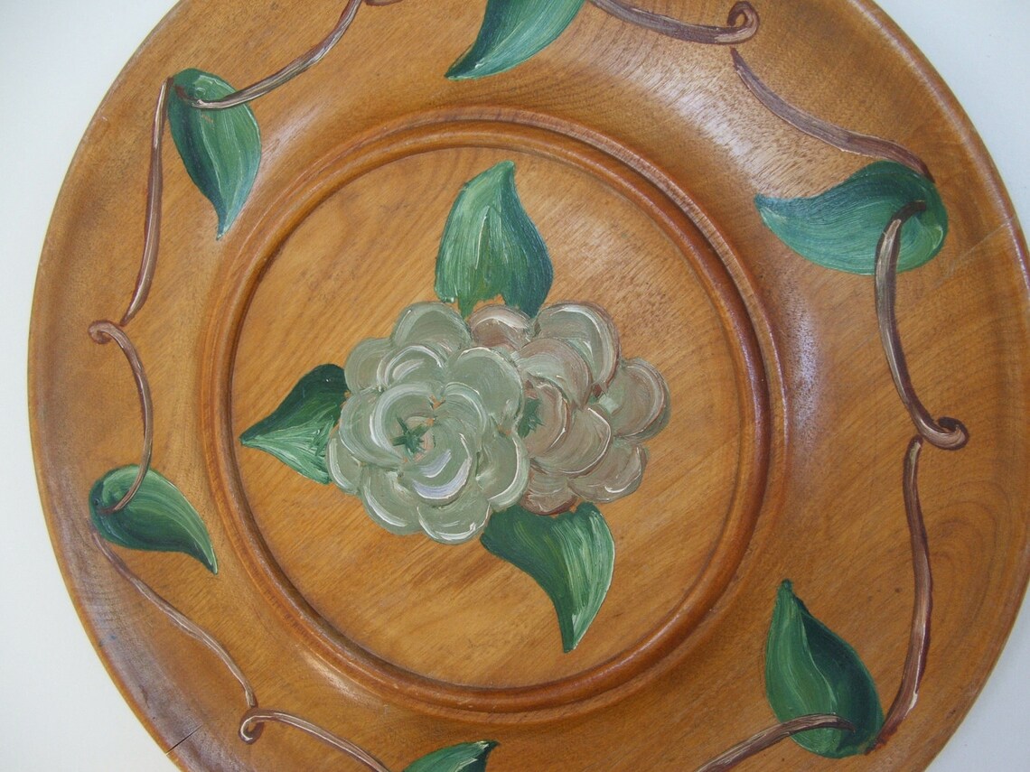 Large Decorative Vintage Painted Wood Platter Green White Etsy